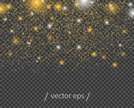 Falling abstract gold stars, with light effects. Vector element decor pattern on isolated transparent background. Eps.のイラスト素材
