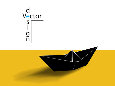 Vector black paper ship. Illustration of origami boat with shadow, yellow background, business concept. Eps.のイラスト素材
