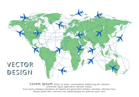 Planes silhouettes on the map with dotted route. Concept of travel, cargo transportation. Vector illustration.のイラスト素材