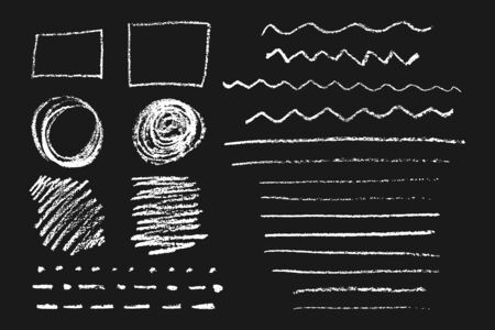 Chalk vector graphic elements. Lines, dotted lines, circles, strokes, square. The isolated objects on a dark background.のイラスト素材
