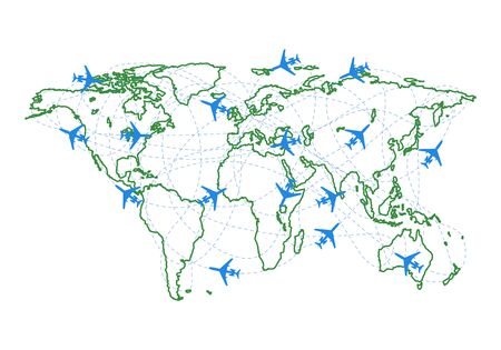 Planes silhouettes on the map with dotted route. Concept of travel, cargo transportation. Vector illustration.のイラスト素材