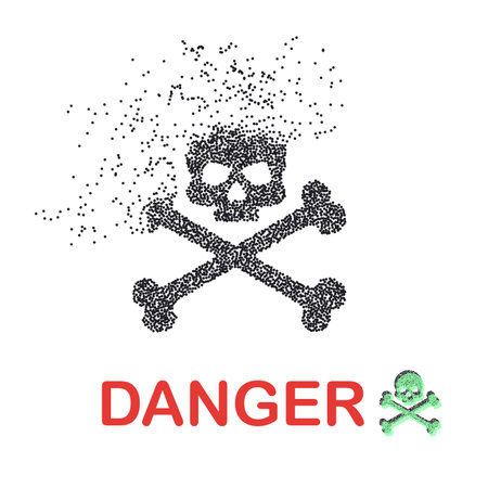 Skull and bones dissolve into small particles labeled danger. The vector object is isolated on a light background.のイラスト素材