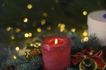 Christmas candle with decorations. Christmas background
