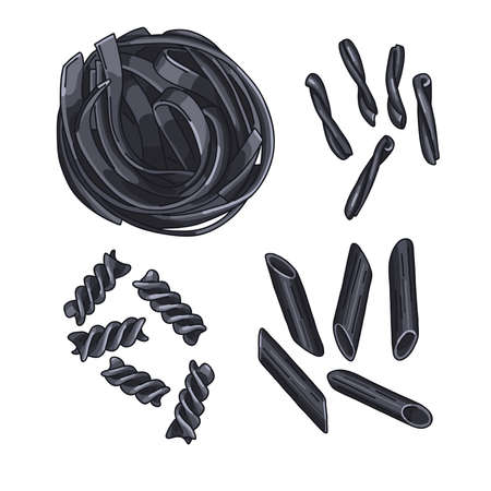 Set of different squid ink pasta types: fettuccine, casarecce, fusilli, and penne. Illustration of Italian cuisine staples. Uncooked dry black pasta isolated on white background.のイラスト素材