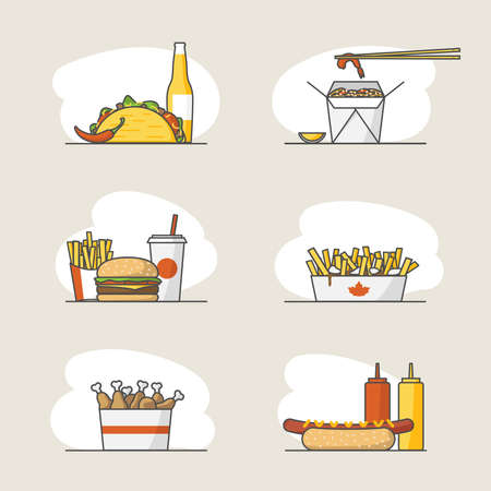 Set of fast food icons in flat style: taco, wok, burger, french fries, soda, poutine, chicken legs, and hot dog. Vector line illustration for fast food restaurant menu or banner.のイラスト素材