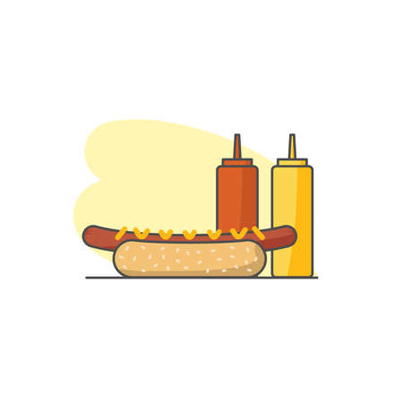 Hot dog with mustard and ketchup bottles. Flat vector illustration in linear style. Fast food vector icon isolated on white background.のイラスト素材