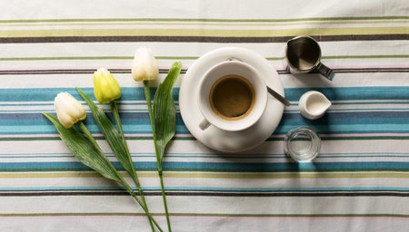 Cup of coffee on a striped tablecloth
