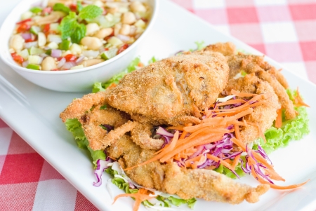 deep fried crab serve with spicy sauce on white dishの写真素材