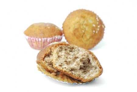 isolated eaten banana cup cake on white backgroundの写真素材
