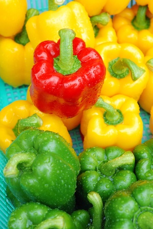close up red bell pepper with yellow and green ones in basketの写真素材