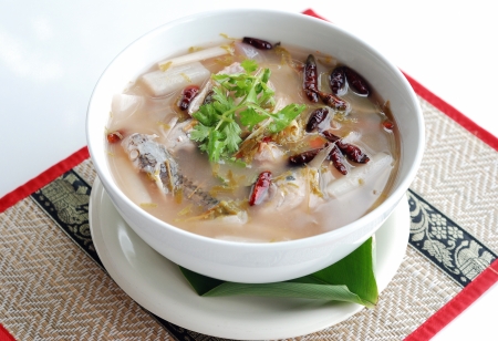 fish sour soup with banana stalk and tamarind leaves Thai cuisineの写真素材