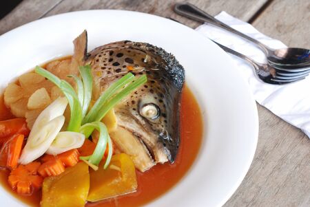 Salmon Head Steamed Japanese style with vegetableの写真素材