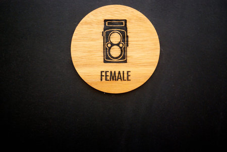 Wood label of female toilet with vintage cameraの写真素材