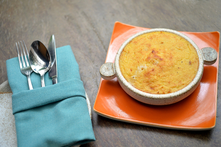 Close up pot pie on wood tableの写真素材