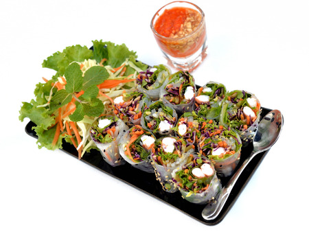 Fresh shrimp springroll with mix vegetable and spicy sauceの写真素材