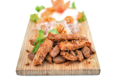 Close up spicy fry pork with rice noodleの写真素材