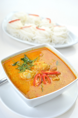 Selective focus of crab meat curry with fresh rice noodle, Thai cuisineの写真素材