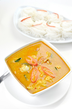 Selective focus of crab meat curry with fresh rice noodle, Thai cuisineの写真素材