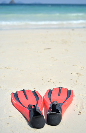 Selective focus of red diving fins on sand beachの写真素材