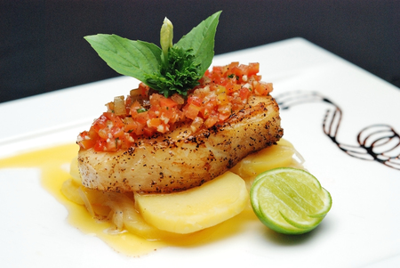 Grill Sea Bass with Lemon Sauce, selective focusの写真素材