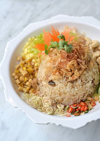 Vegetarian fry rice with tofu and herb, selective focusの写真素材