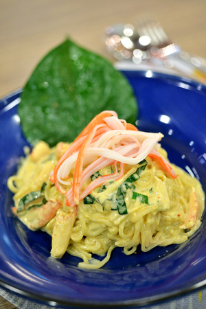 Spaghetti Carbonara with Crab Meat, selective focusの写真素材