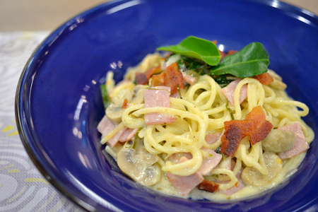 Spaghetti Carbonara with bacon and ham, selective focusの写真素材
