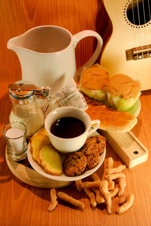 coffee cup and Breakfast on dark background の写真素材