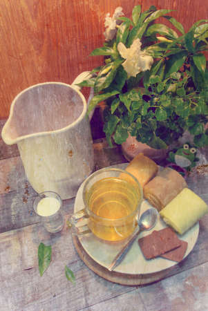 drink cup and fancy roll vintageの写真素材