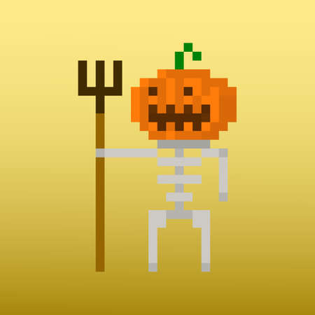 Pixel character monster skeleton with a pumpkin head for games and applicationsのイラスト素材