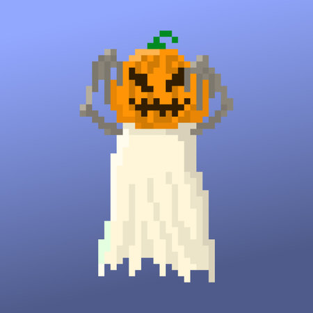 Pixel character ghost with a pumpkin head for games and applicationsのイラスト素材