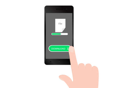 Downloading an electronic file over the internet. A hand holds a mobile phone by pressing the download button on a touch screen. The client saves the file to a personal smartphone. Vector image.のイラスト素材