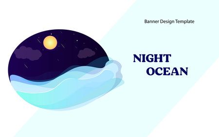 Stormy ocean, night sky with stars and a full moon. Template for banner, web site, presentation. Vector Imageのイラスト素材