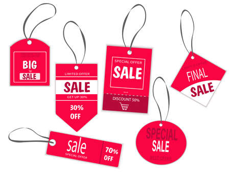 Set of red labels for sale. Discount 30, 40, 50.70 percent special offer. Labels for advertising products, an advantageous offer, an established price tag with a reduced price and a tear-off coupon.のイラスト素材