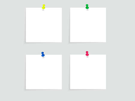 Stationery, white sheets of paper on a white background with curved edges and a shadow on the edges pinned with multi-colored stationery buttons. Small pieces of paper for notes or notes. Vector.のイラスト素材
