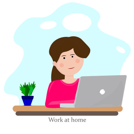 Work at home. Girl is working at a table in a laptop.Vector illustration.のイラスト素材