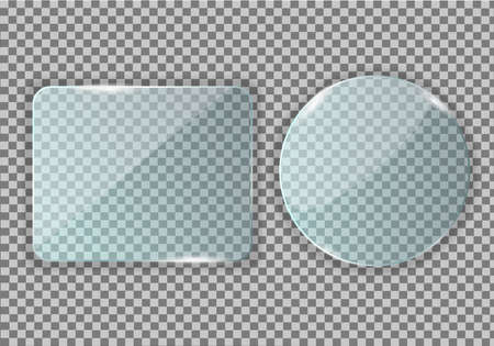 Glass, mirror in the form of a circle and a rectangle with rounded corners. Clear reflection, twinkling glare. Window glass insert with backlight. Realistic glass screen.Vectorのイラスト素材