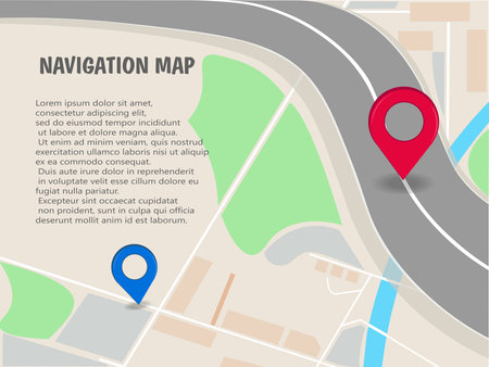 Location of the pointer mark on the city map. Modern GPS navigation system. Geolocation, guide to the designated route. Vector image.のイラスト素材