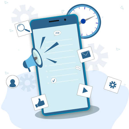 Modern communications, mobile communications and data transfer via the Internet. Smartphone, on a white background with icons of various communications. Megaphone, notification of upcoming events.のイラスト素材