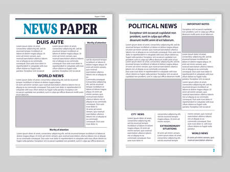 A double-page newspaper, two pages, latest news, up-to-date information on subsequent events in the world. A paper printout divided into columns contains important information and illustrations.のイラスト素材