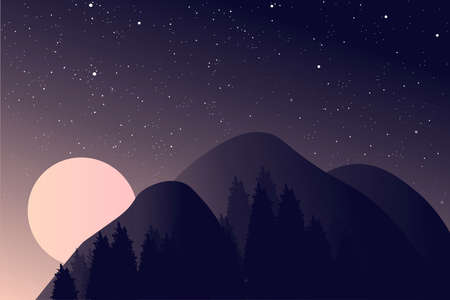Beautiful landscape. Dark background, night sky with stars and a full moon. A massive massive mountain range upon which moonlight falls. Sunset, wildlife, mountains, outdoor recreation.のイラスト素材