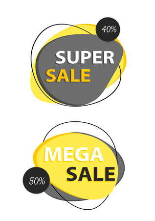 Big, Mego sale, low prices, Special offer, 40 and 50% discount. Yellow advertising icon for retail business promotion, customer acquisition. Sale of various goods for a limited time. Vector.のイラスト素材