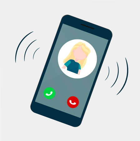 The smartphone is ringing, on the screen image of a man and two buttons: accept and reject the call. Pick up the handset and answer the call. Vector image.のイラスト素材