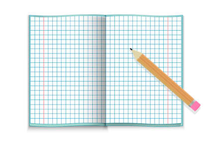 A blank notebook for teaching at school, unfolded and lying horizontally. Pencil with an eraser on a white background. Getting an education at school. Vector image.のイラスト素材
