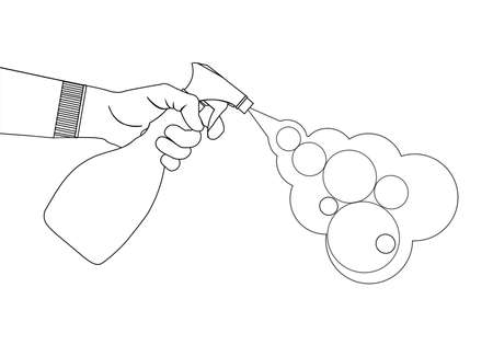 Human hand sprays antiseptic from a spray bottle. Antibacterial spray in a plastic bottle. The liquid disinfects the surface and kills viruses and germs. healthcare. Vector image, black lines.のイラスト素材
