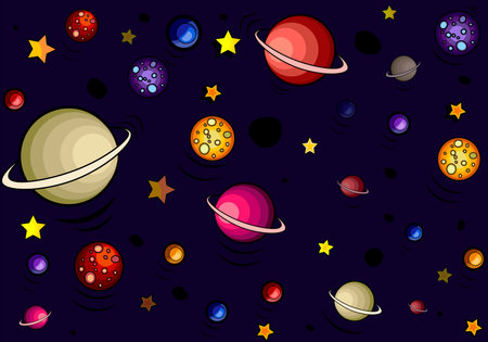 Patern, space theme. Drawings of galaxies in cartoon style. Set of space illustrations: airplanes, stars, rocket. Vectorのイラスト素材