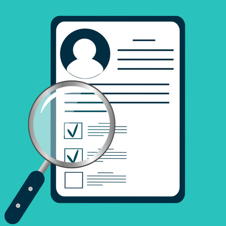 Flat image. Business documents, personal file under a magnifying glass, important information, office sheets of paper, agreements on a white background. Vector image.のイラスト素材