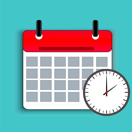 Calendar icon with a clock on a turquoise background. Reminder of an important event. Calendar with detachable sheets. Scheduled event for a specific day. Notice not to forget. Vectorのイラスト素材