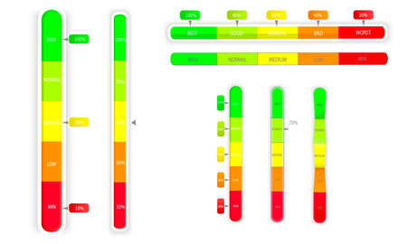 Set of scale indicators for measuring the level of performance. Progress bar with arrow, pointer. Measure your rating bar chart. Vertical instrument with red low and green high zones. Vectorのイラスト素材
