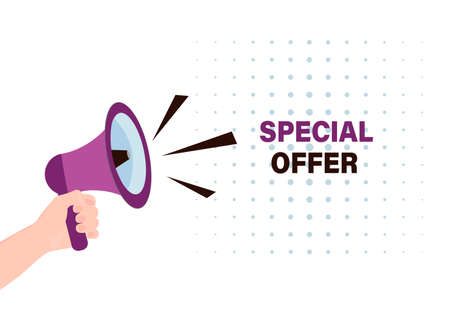 Special offer. A man's hand is holding a loudspeaker. Attention, important information. Megaphone alert. Advertising concept.Vector imageのイラスト素材